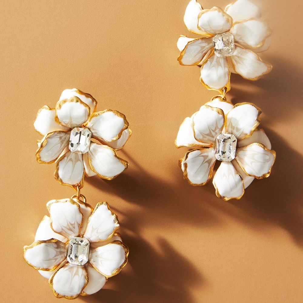 THE PINK REEF Double Drop Flower Earrings in Gold and White